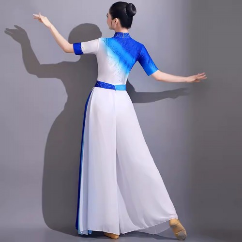 Royal blue gradient Modern ballet dance dresses women girls Adult Flowing Song modern Dance Contemporary Dance Costume Pants  Suit set for female